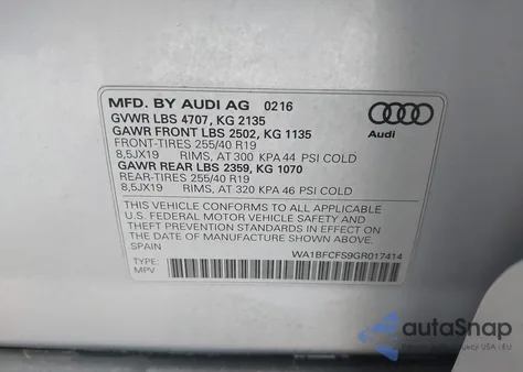 2016 Audi Q3 2.0T Premium Plus z USA, uszkodzony, nr VIN WA1BFCFS9GR017414